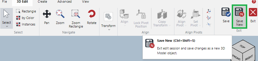 Save New Button in the Exit Panel on the 3D Model Edit Mode Ribbon Tab Save New Button in the Exit Panel on the 3D Model Edit Mode Ribbon Tab